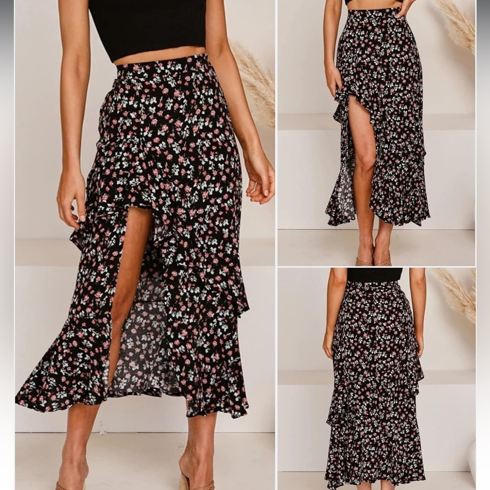 Black and Pink Asymmetrical Wrap Midi Skirt